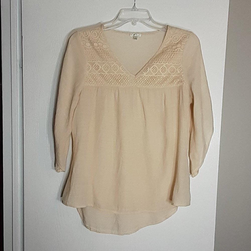 Spense Beige Peasant Top Tunic; Lace Upper; 3/4 Bell Sleeves; Size Small